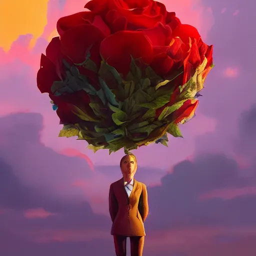 Prompt: closeup, giant rose flower head, frontal, girl in a suit, surreal photography, sunrise, blue sky, dramatic light, impressionist painting, digital painting, artstation, simon stalenhag