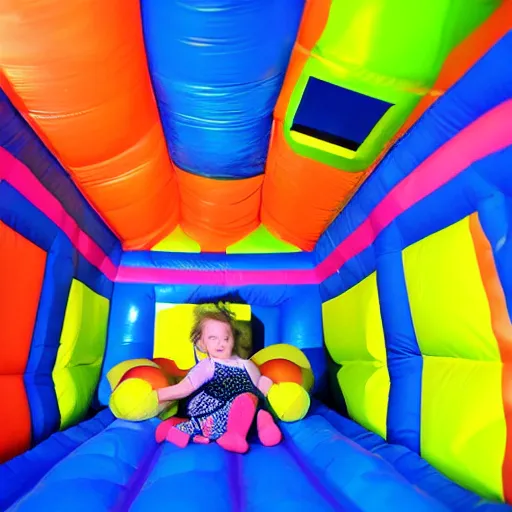 Image similar to a darkly lit indoor children's bounce house photo taken with a deposable camera limital space