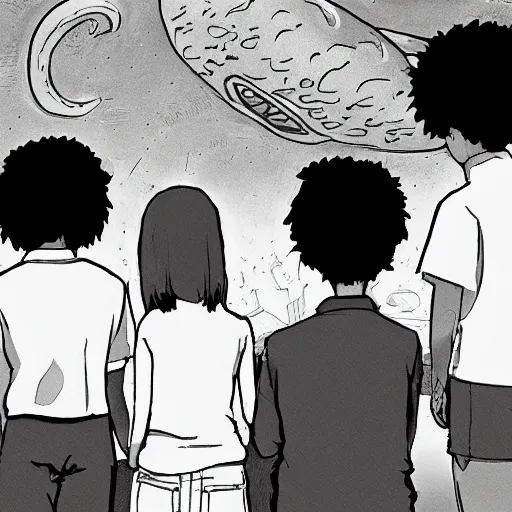 Image similar to five friends sitting and staring up at the alien craftship, mange, studio ghibli style, black and white, detailed