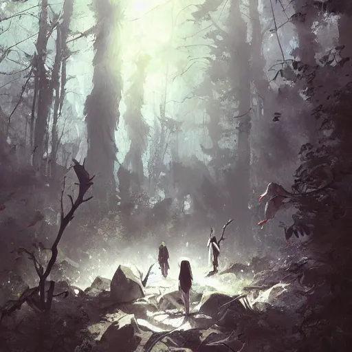 Image similar to group of vampires in the woods, hyperrealistic, trending on pixiv fanbox, painted by greg rutkowski makoto shinkai takashi takeuchi studio ghibli, akihiko yoshida