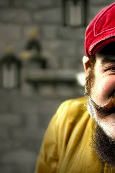 Prompt: very very intricate photorealistic photo of wario wearing his hat in an episode of game of thrones, photo is in focus with detailed atmospheric lighting, award - winning details