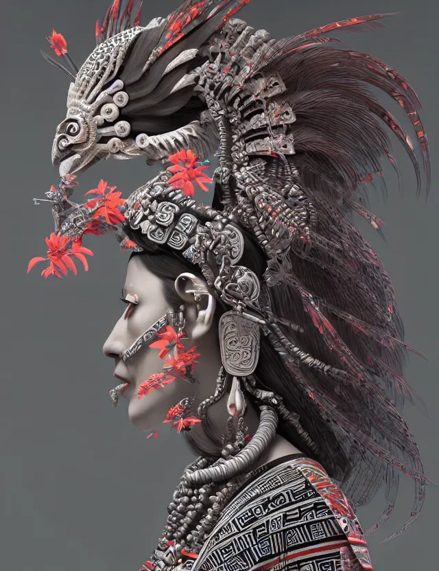 Prompt: 3 d goddess close - up profile portrait aztec with ram skull. beautiful intricately detailed japanese crow kitsune mask and clasical japanese kimono. betta fish, jellyfish phoenix, bio luminescent, plasma, ice, water, wind, creature, artwork by tooth wu and wlop and beeple and greg rutkowski