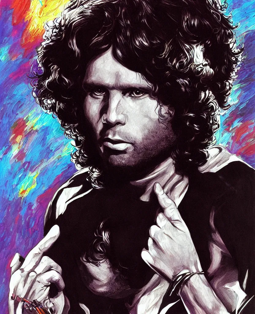 Image similar to portrait of jim morrison by yukito kishiro, colored, hyper detailled, trending on artstation