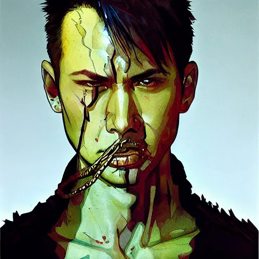 Image similar to portrait of a hero holding his sword in front of his face by yoji shinkawa, high quality, extra details, realism, ornate, colored, golden chain, blood, white skin, short hair, brown eyes, vivid, sunlight, dynamic, american man, freedom, white american soldier, painting, hidden face, twin snakes