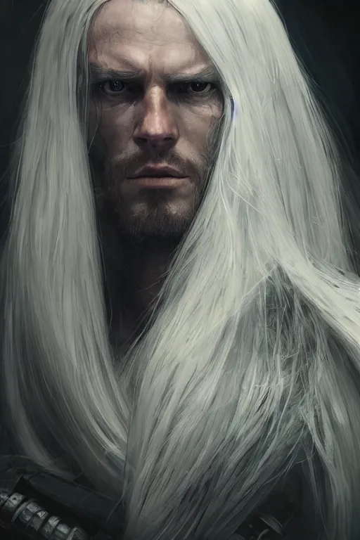 Image similar to a fancy portrait of a strong male cyborg with long white hair and pale skin with joints still visible by greg rutkowski, sung choi, mitchell mohrhauser, maciej kuciara, johnson ting, maxim verehin, peter konig, bloodborne, 8 k photorealistic, cinematic lighting, hd, high details, dramatic, dark atmosphere, trending on artstation