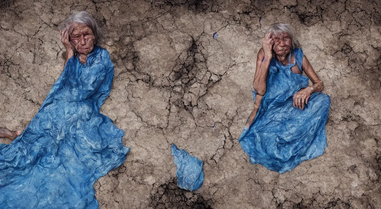 Prompt: 65-year-old Gaia Titan crying one emotionless tear, facing the camera and sitting on a dried up river in a desolate land, blue sky, hot and sunny, highly-detailed, elegant, dramatic lighting, artstation, 4k, cinematic landscape, photograph by Elizabeth Gadd