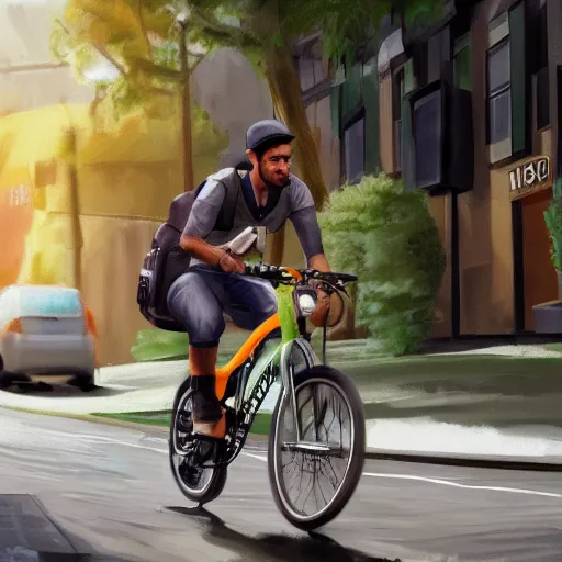 Image similar to uber eats delivery cyclist, trending on artstation, deviantart, Pinterest, detailed High Resolution, 8k