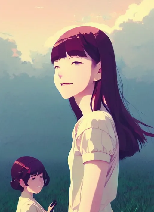 Image similar to portrait of a smiling girl by ilya kuvshinov, cloudy sky background lush landscape ln illustration concept art anime key visual trending pixiv by victo ngai fanbox by greg rutkowski makoto shinkai takashi takeuchi studio ghibli