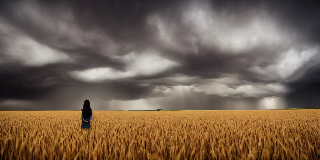 Image similar to girl is standing in a wheat field with heavy black clouds and a thunder in the background, photo by Ted Gore,