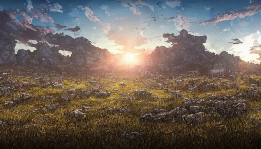 Prompt: the beautiful, chilling, mundane panoramic view of a field after war filled with dead soldier calvary and rocks at dusk. hyperrealistic anime background illustration by kim jung ki, borderlands, colorful, extremely detailed intricate linework, smooth, super sharp focus, bright colors, high contrast, matte, octopath traveler, unreal engine 5 highly rendered, global illumination, radiant light