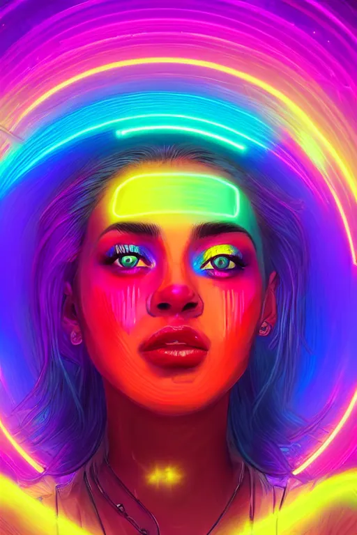 Image similar to a award winning half body portrait of a beautiful woman with stunning eyes in a croptop and cargo pants with rainbow colored ombre hairstyle head in motion and hair flying by thomas danthony, outlined by whirling illuminated neon lines, outrun, vaporware, shaded flat illustration, digital art, trending on artstation, highly detailed, fine detail, intricate