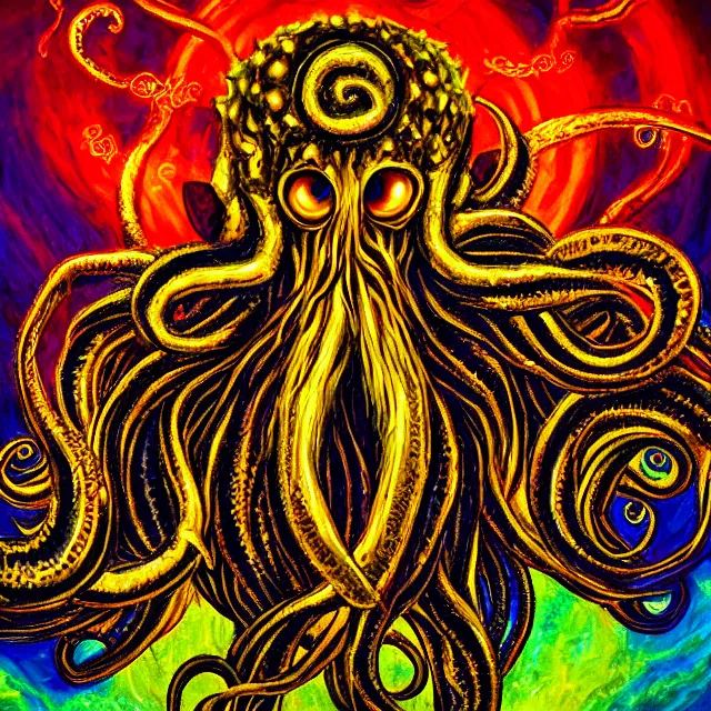 Prompt: angelic ophanim cthulhu mythos covered in eyes tentacles and golden light, oil painting award winning, chromatic aberration sharp colors