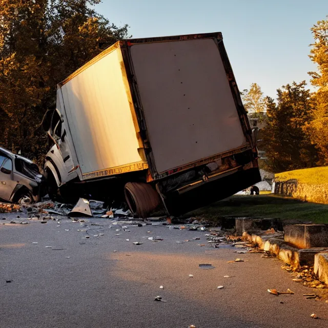 Prompt: semi truck crashing though a stone wall into an empty playground, security camera, photo, photorealistic, golden hour