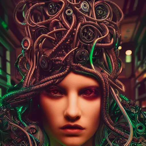 Image similar to Cyberpunk medusa, dark atmosphere, cinematic shot, glamour, intricate, ornate, photorealistic, ultra detailed, realistic, 35mm, photography, neon, octane, high definition, depth of field, bokeh, 8k, artstation