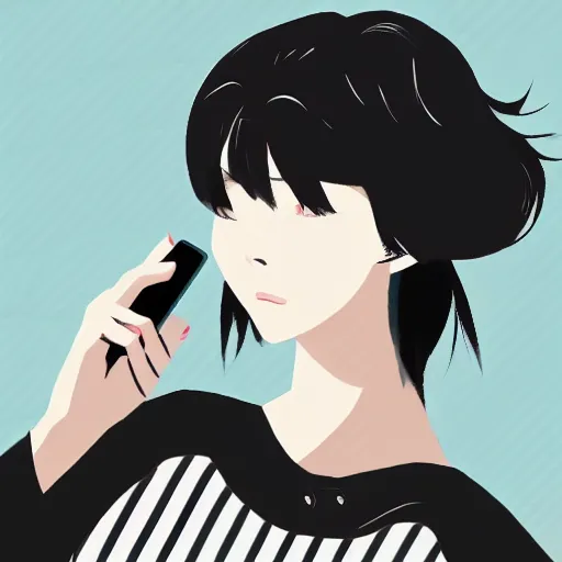 Prompt: a woman holding a cell phone up to her face, a picture by lu ji, tumblr, aestheticism, stylish, elegant, anime aesthetic