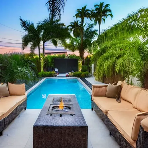 Image similar to Backyard with a pool, palm trees and patio with a fireplace in the middle of the sofas, big beautiful street lamps, Night Time