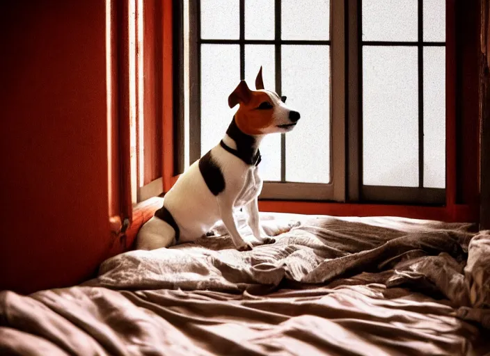 Image similar to photography of a Jack Russel . watching outside the window. on a bed. in a vintage room full of vinyls and posters.,volumetric light, photorealistic,, award winning photo, 100mm, sharp, high res