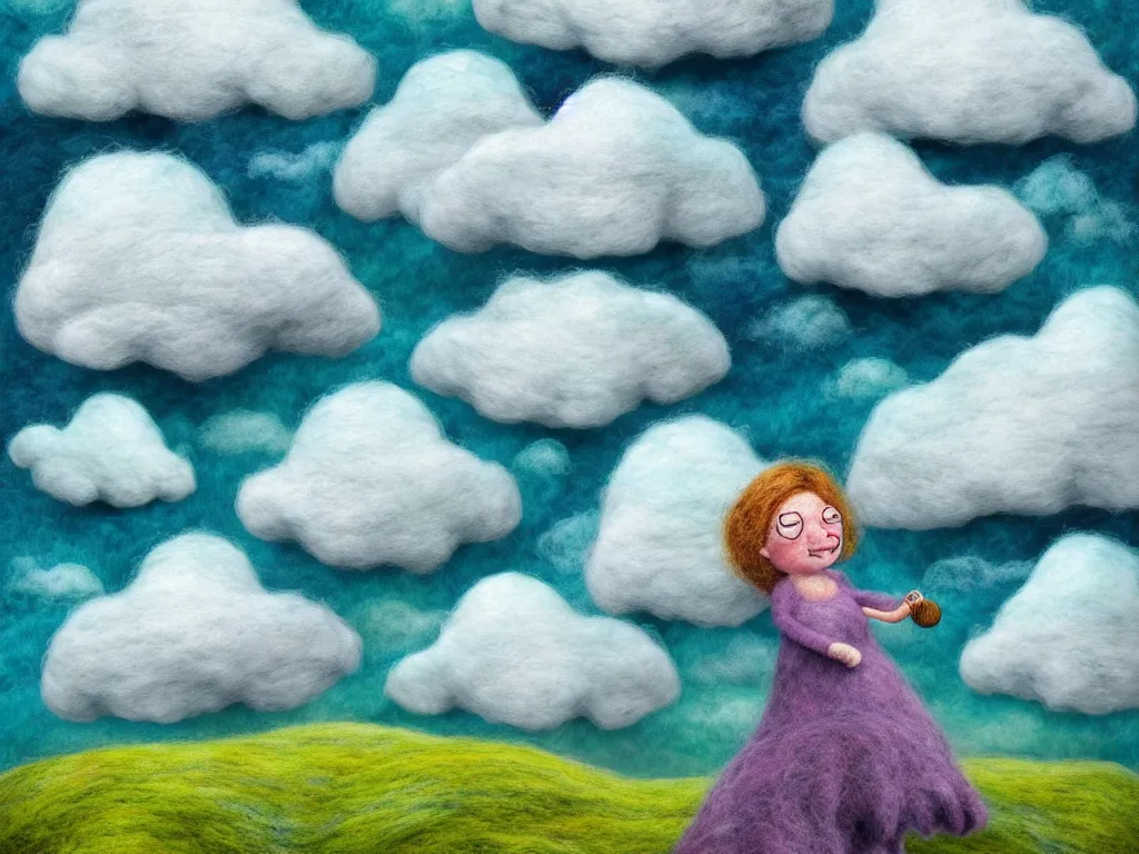 Prompt: A Mumintroll character in shape of wool felting amazing clouds, illustration by Birutė Demkutė, book cover, colorful background with mountains, 8k resolution, ultra detailed, matte painting, tarot card style, character design, watercolor detailed art