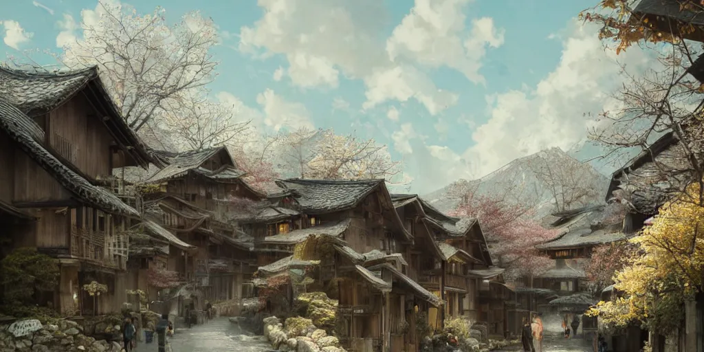 Image similar to walking around rural shirakawa - go, gifu, japan. volumetric lighting, spring early, nice slight overcast weather, realistic illustration, perfectly shaded, ( golden hour ), soft painting, low angle, art by krenz cushart and wenjun lin