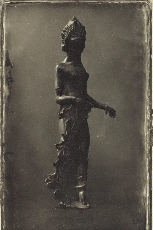 Image similar to a daguerreotype depicting an ancient martian stygian evil obsidian statue of thomasin mckenzie as the goddess persephone