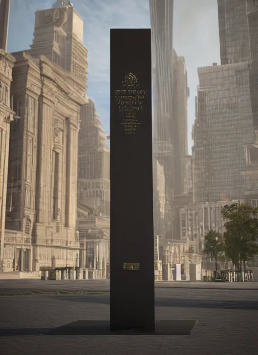 Prompt: highly detailed architecture render of a futuristic metallic monument stele standing in city, archdaily, made in unreal engine 4