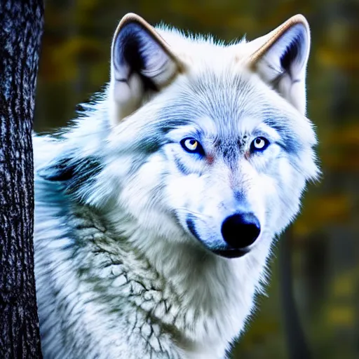 Image similar to white wolf with blue eyes stands in a dormant autumn forest, no yellow color in eyes, no yellow color, realistic