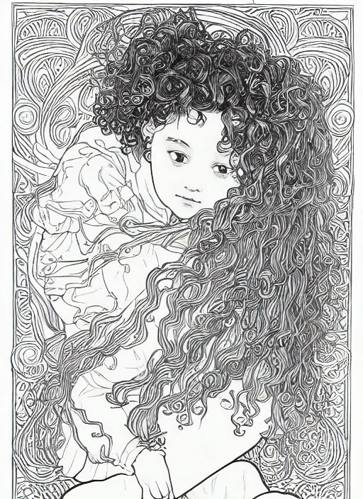 Prompt: clean simple line art of a little girl with wavy curly hair sitting on a tall pile of books. well composed, clean coloring book page, beautiful detailed face. coloring book line art by greg rutkowski and johanna basford and alphonse mucha