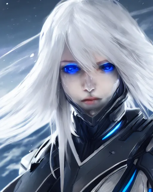 Image similar to perfect white haired girl, warframe armor, beautiful, pretty face, blue eyes, detailed, windy weather, scifi platform, laboratory, experiment, 4 k, ultra realistic, epic lighting, cinematic, high detail, masterpiece, akihito tsukushi