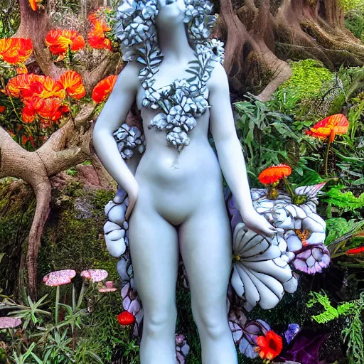 Prompt: a fully dressed idealistic marble statue with fractal flowery hair in a fractal garden, glowing delicate flower and mushrooms that grow in a dark fatansy forest on the planet pandora,, symmetrical,