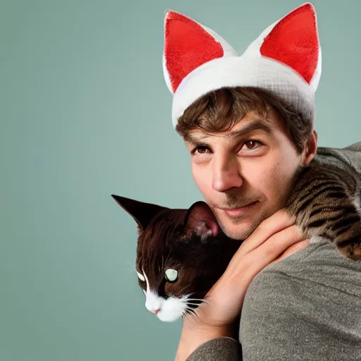 Image similar to a man wearing a cat as a hat