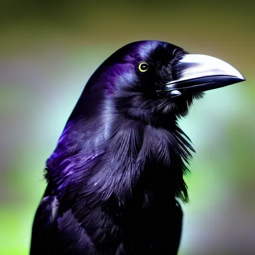 Prompt: a photograph of a raven with iridescent feathers