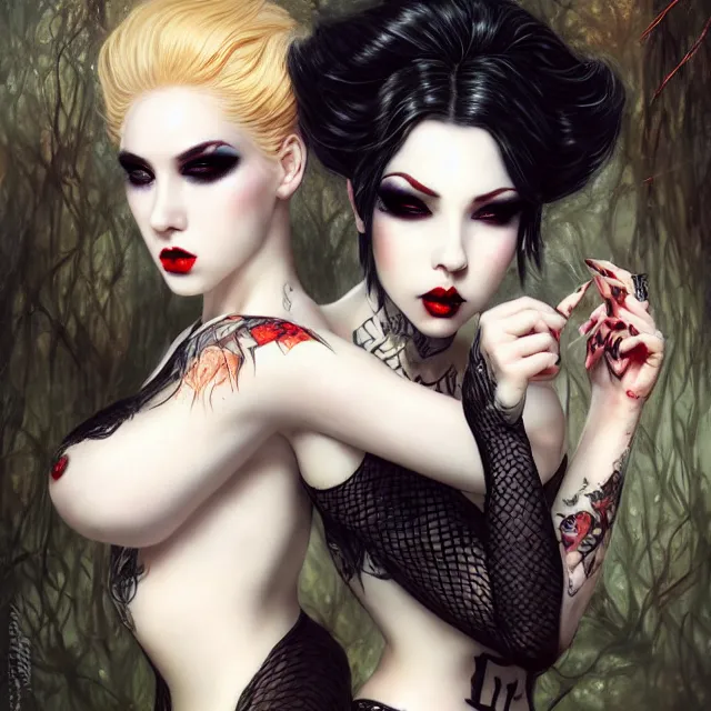 Image similar to two beautiful pale skin girls trapped chain cosplay with black hair in fully tattooed body and fishnet clothes fully on, rye slavery style, beautiful detailed face, white face makeup, big red lips, black eye makeup, masterpiece, trending, art by artgem and wlop and karol bak and gennady ulybin and stanley lau and magali villeneuve