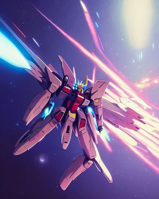 Image similar to highly detailed vfx portrait of a gundam with wings of feathers beam saber fighting in space with a beam gun, unreal engine, greg rutkowski, loish, rhads, beeple, makoto shinkai and lois van baarle, ilya kuvshinov, rossdraws, tom bagshaw, alphonse mucha, global illumination, detailed and intricate environment