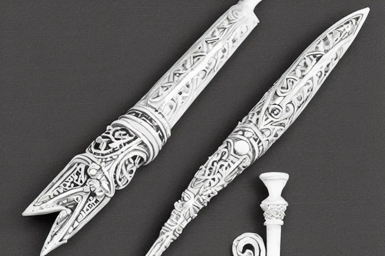 Prompt: ornate bone dagger with intricate carvings, museum catalog photograph