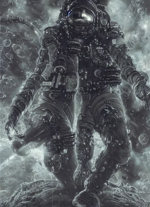 Image similar to astronauts in dark void underwater - complex and hyperdetailed technical suit. reflection and dispersion materials. rays and dispersion of light. volumetric light. f / 3 2. noise film photo. flash photography. ultra realistic, wide angle. poster by wayne barlowe, hajime sorayama aaron horkey, craig mullins