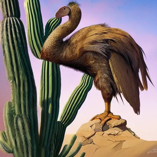 Prompt: A full body dodo bird perched atop a Saguaro cactus in the desert, digital art, trending on Artstation, high detail, sharp focus, illustration, art by artgerm and greg rutkowski and alphonse mucha.