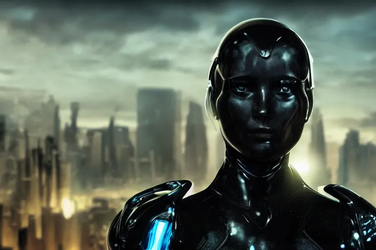 Image similar to VFX movie closeup portrait of a gorgeous futuristic hero cyborg woman in black spandex armor in future city, hero pose, beautiful skin, city night lighting by Emmanuel Lubezki