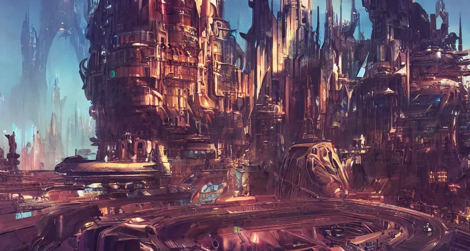 Image similar to sci - fi fairy tale city, syd mead, concept art, cinematic, detailed, epic, expansive, matte painting, artstation trending