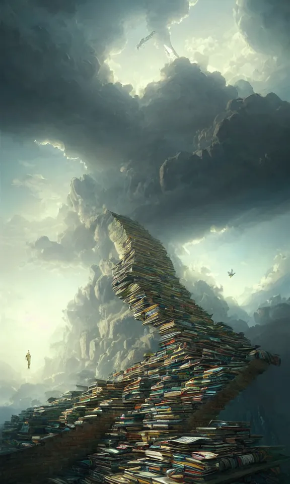 Image similar to endless stairs made of books leading to heaven, sky full of clouds, art by greg rutkowski and peter mohrbacher, featured in artstation, octane render, cinematic, elegant, intricate, ultra detailed, rule of thirds, professional lighting, unreal engine, fantasy, concept art, sharp focus, illustration, 8 k