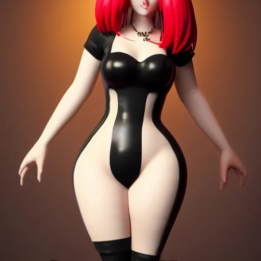 Image similar to a curvy feminine pale goth cutie with a thin waist in a red-black rubber tight tube-top dress and black rubber stockings, cgsociety, photorealistic, sublime-comfy-elegant ambience, 16k, smooth, sharp focus, trending on ArtStation, volumetric lighting, fully clothed, worksafe