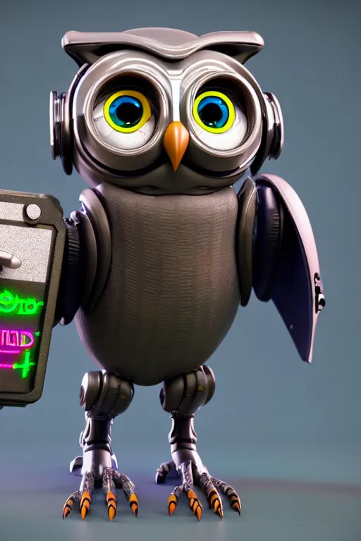 Image similar to high quality 3 d render very cute cyborg owl! with boombox!, cyberpunk highly detailed, unreal engine cinematic smooth, in the style of blade runner & detective pikachu, hannah yata charlie immer, moody light, low angle, uhd 8 k, sharp focus