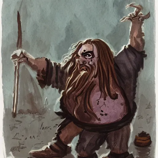 Prompt: gouache of a dwarf necromancer fixing up a zombie