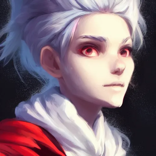 Image similar to portrait of a girl sorcerer with white hair in a messy white hairbun. She is wearing a short black tshirt, jeans pants, a red scarf. digital art, character design. in the style of wlop, rossdraws, artstation trending