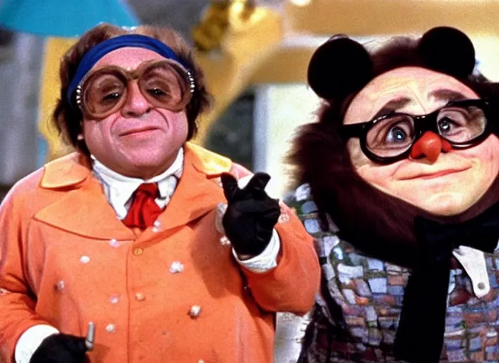 Prompt: film still of Danny Devito wearing his glasses as an Oompa Loompa in Willy Wonka and the Chocolate Factory 1971