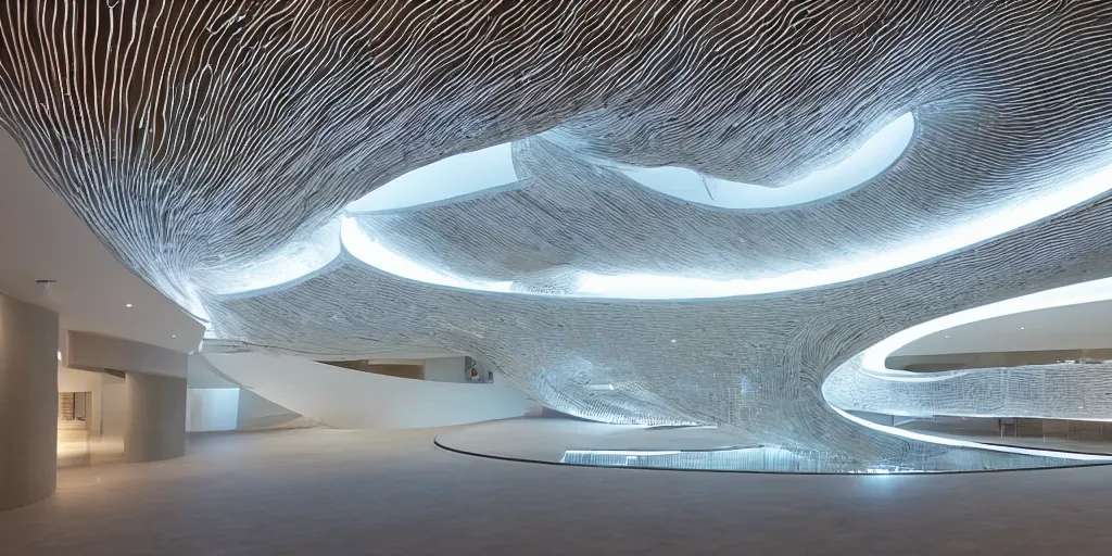 Image similar to extremely detailed stunning curvilinear museum interior with water centered sculpture piece and led strips