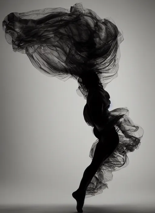 Image similar to a Photorealistic dramatic hyperrealistic render of a glamorous beautiful Female smoke dancer by Ken Brower and Deborah Ory of NYC Dance project,Lois Greenfield,Flowing cloth and smoke,Beautiful dynamic dramatic dark moody lighting,volumetric,shadows,cinematic atmosphere,Octane render,8K