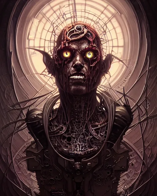 Image similar to front shot of a cyberpunk dead demon mastermind character, intricate, elegant, highly detailed, centered, (((artstation, concept art, smooth, sharp focus, artgerm, Tomasz Alen Kopera, Peter Mohrbacher, donato giancola, Joseph Christian Leyendecker, WLOP, Boris Vallejo))), mugshot!!!!!, ugly!!!!!!, octane render, nvidia raytracing demo, grainy, muted