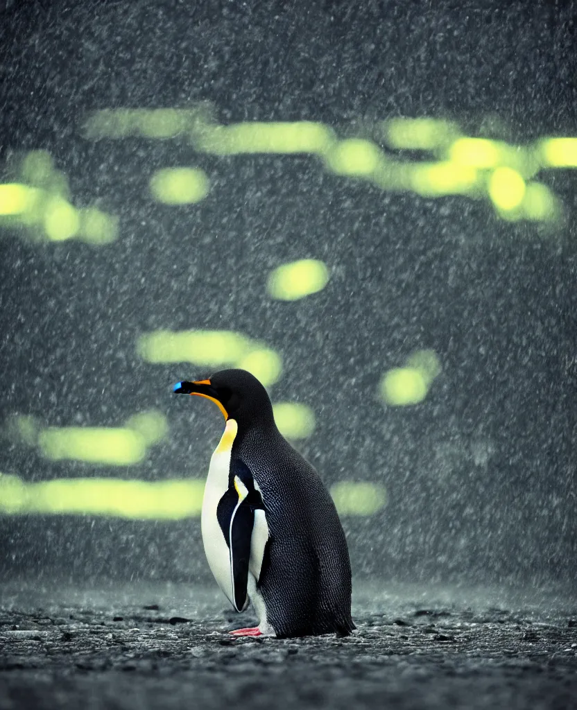 Prompt: a cinematic photograph of a penguin traveling through a vast mountainous landscape whilst neon lightening strikes its face, rain falls, ultra realistic, high definition