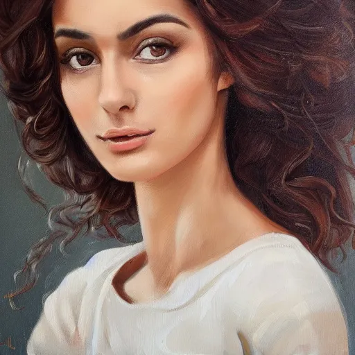 Prompt: beautiful portrait face centre oil on canvas of brunette with curly hairstyle, looks like Ebru Şahin, Reyyan, looks like Fabiula Nascimento, looks like Laura Barriales, intricate, elegant, highly detailed, artstation, concept art, sharp focus, art by Alina Ivanchenko, Rob Ross, WLUP, artgerm