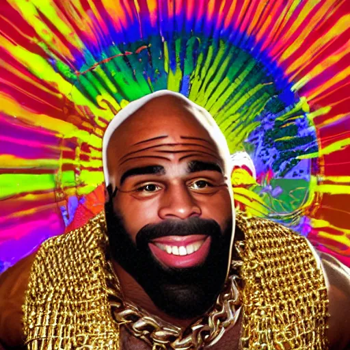 Prompt: a photograph of joe rogan as mr. t wearing many gold chains with a psychedelic dmt background